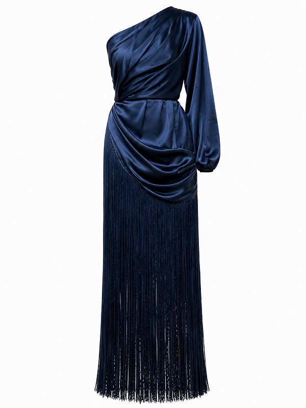 【新品DRESS 960】ワンショルサテンフリンジ切替ショートインロングドレス ネイビー【asos】